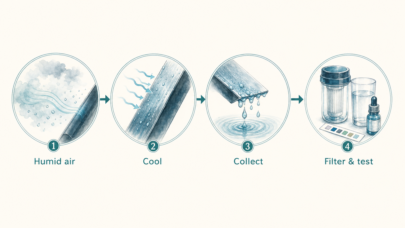 Illustration of the atmospheric water collection process: humid air, cooling, collection, then filtering and testing