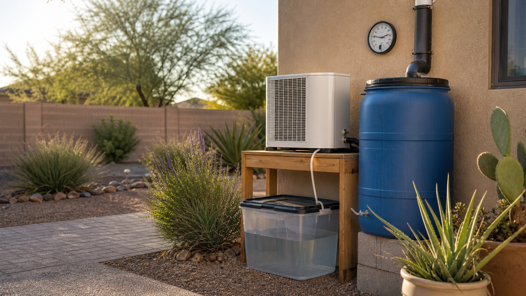 A calm backyard water-preparedness setting with a small condensation collection project and humidity gauge