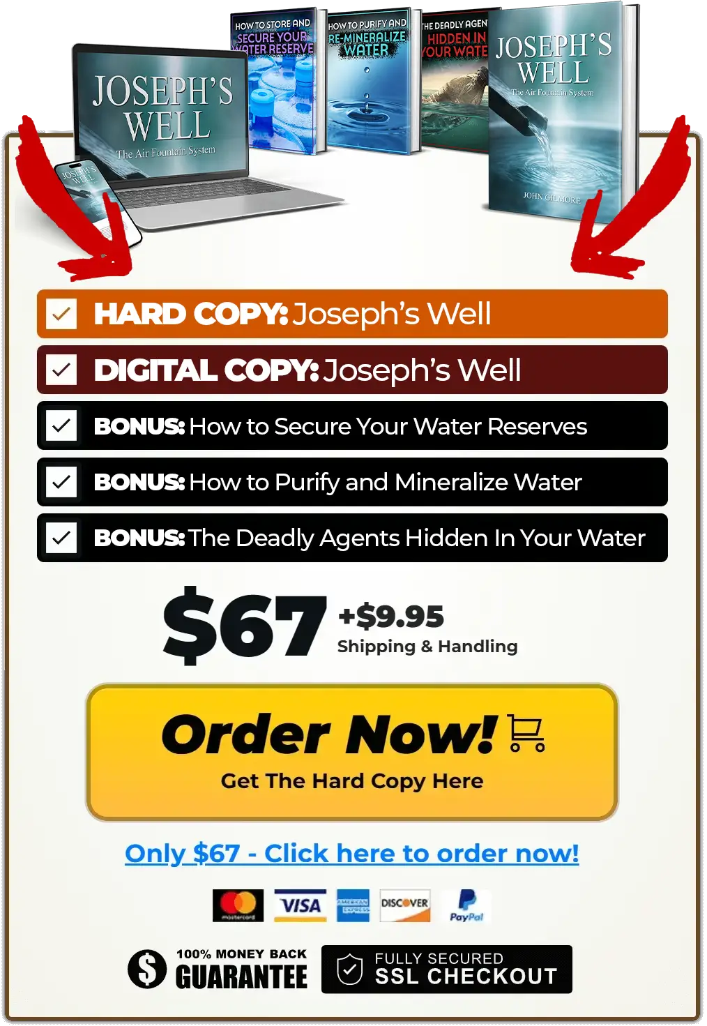 Joseph's Well hard copy offer at $67 plus $9.95 shipping and handling, including bonuses