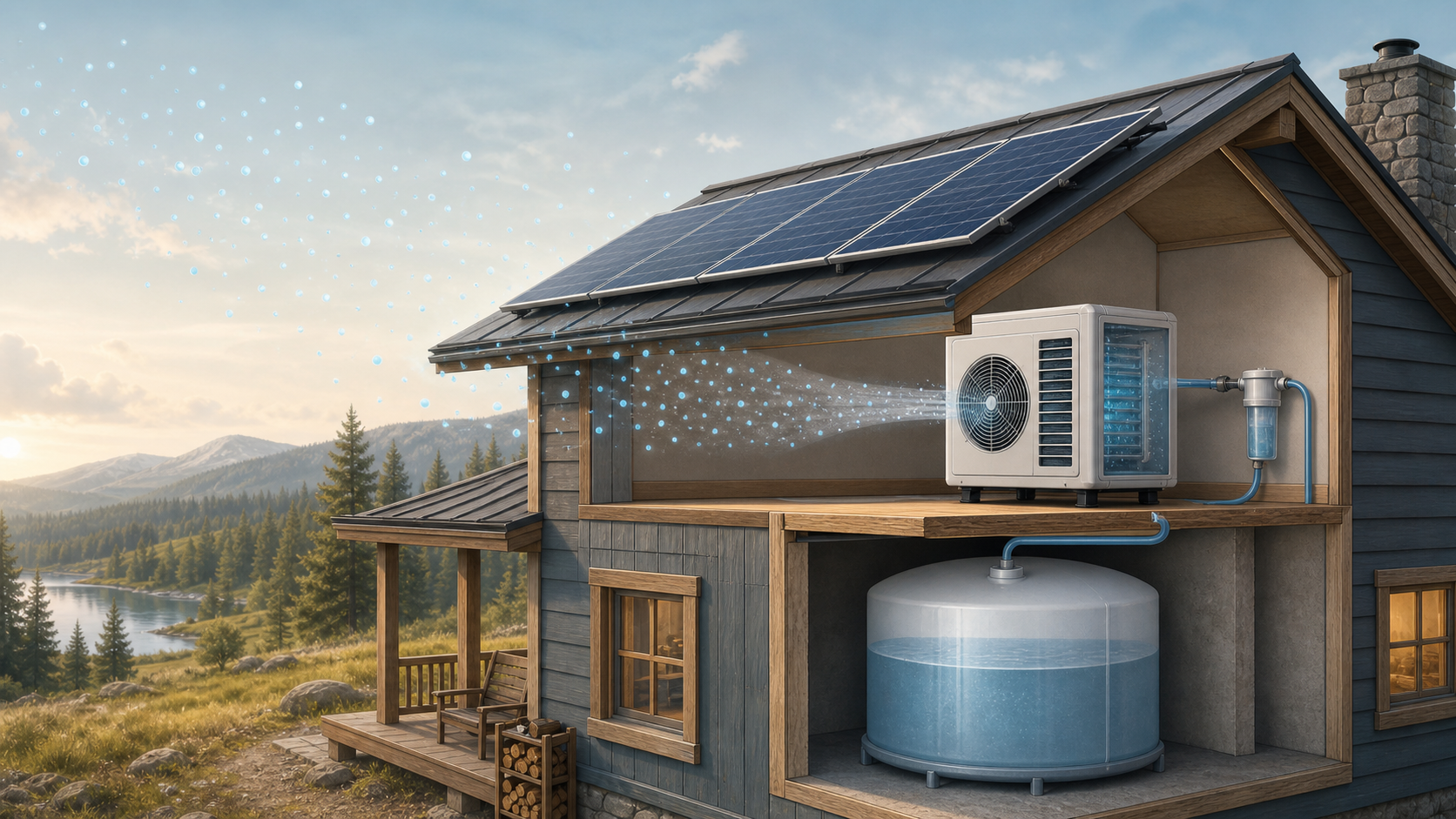 Illustration of a small cabin solar setup powering an air-condensation system and sealed water tank