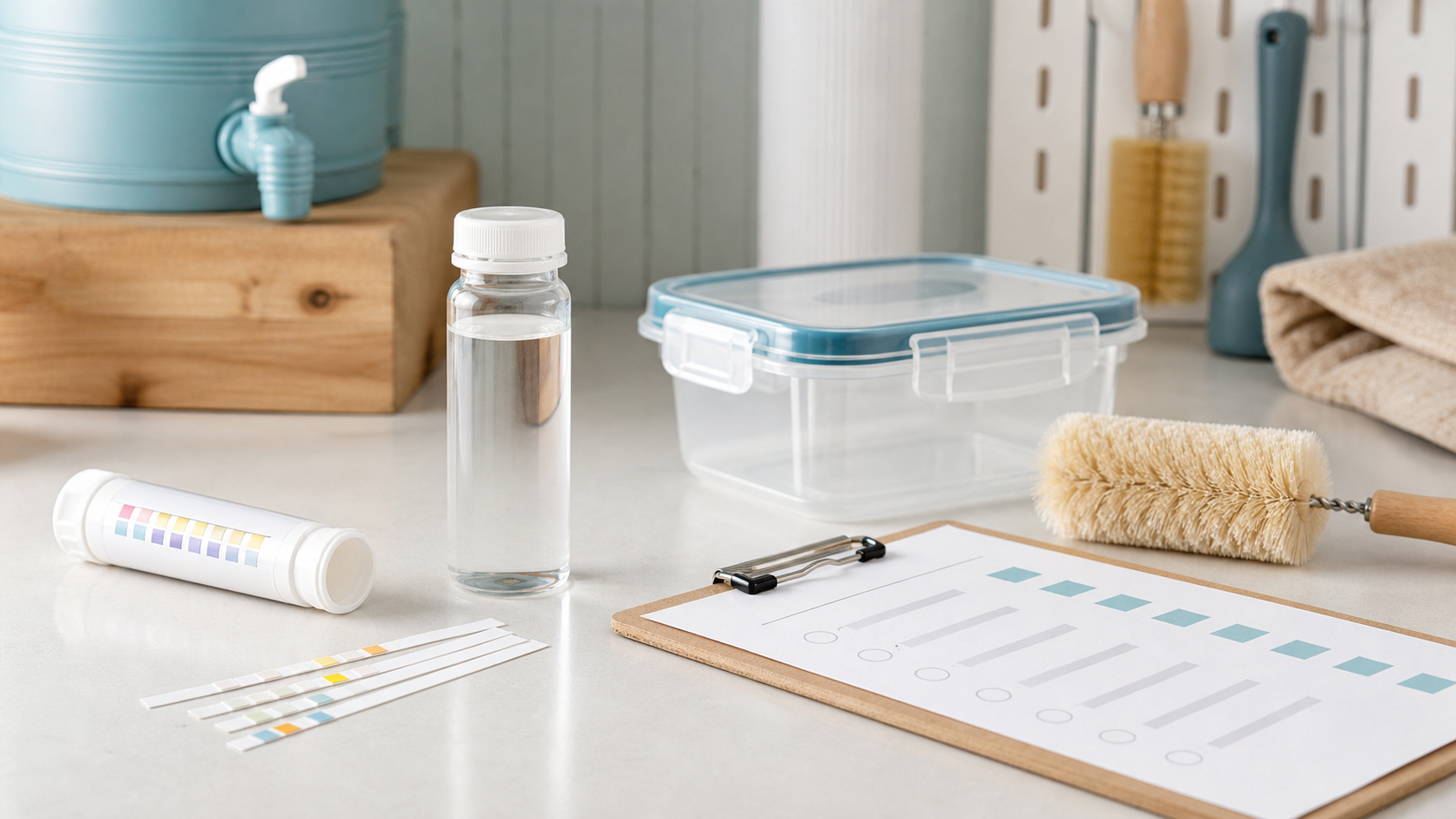 Water sample, maintenance tools and safe storage supplies on a clean workshop counter